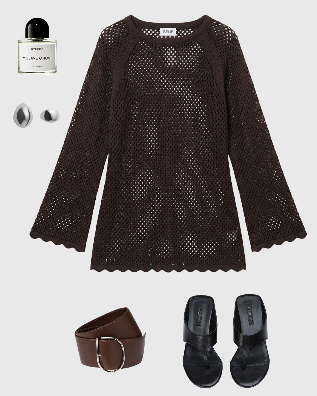 Crochet Knit Long Sleeve Mini Dress Chocolate