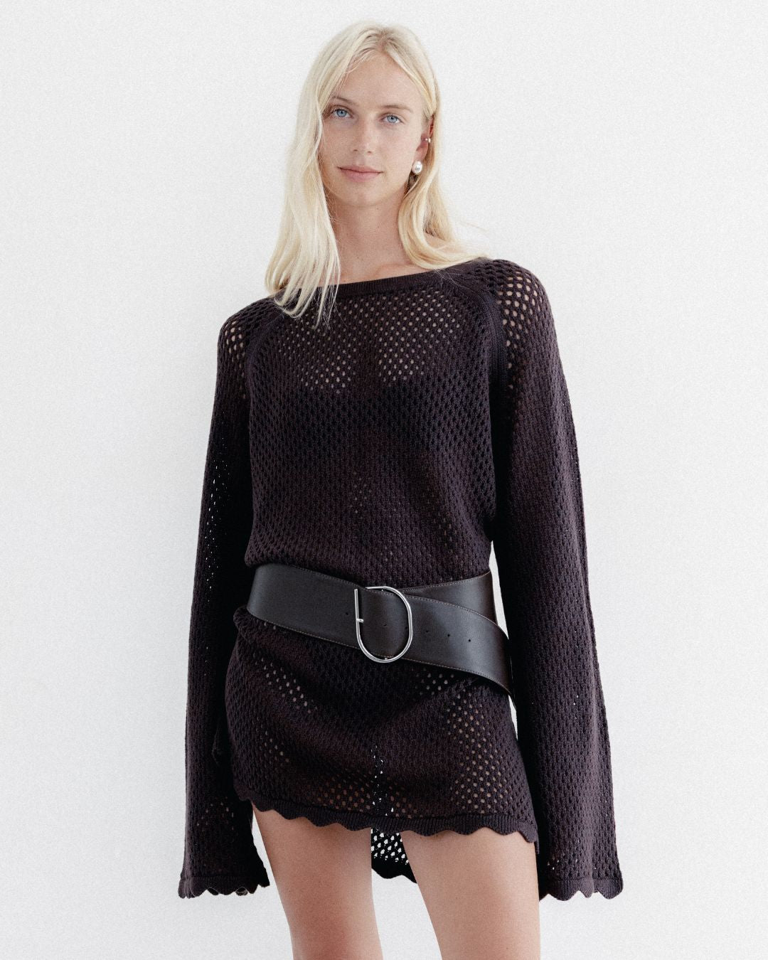 Crochet Knit Long Sleeve Mini Dress Chocolate