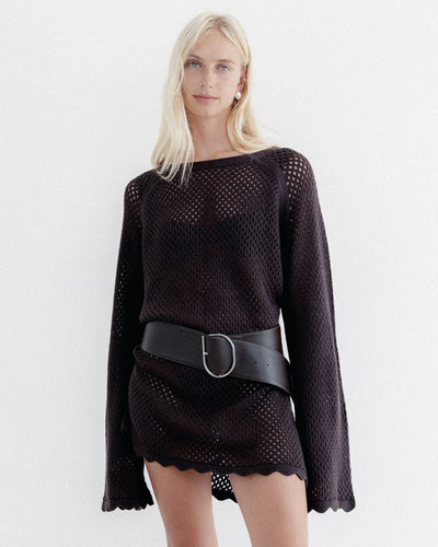 Crochet Knit Long Sleeve Mini Dress Chocolate