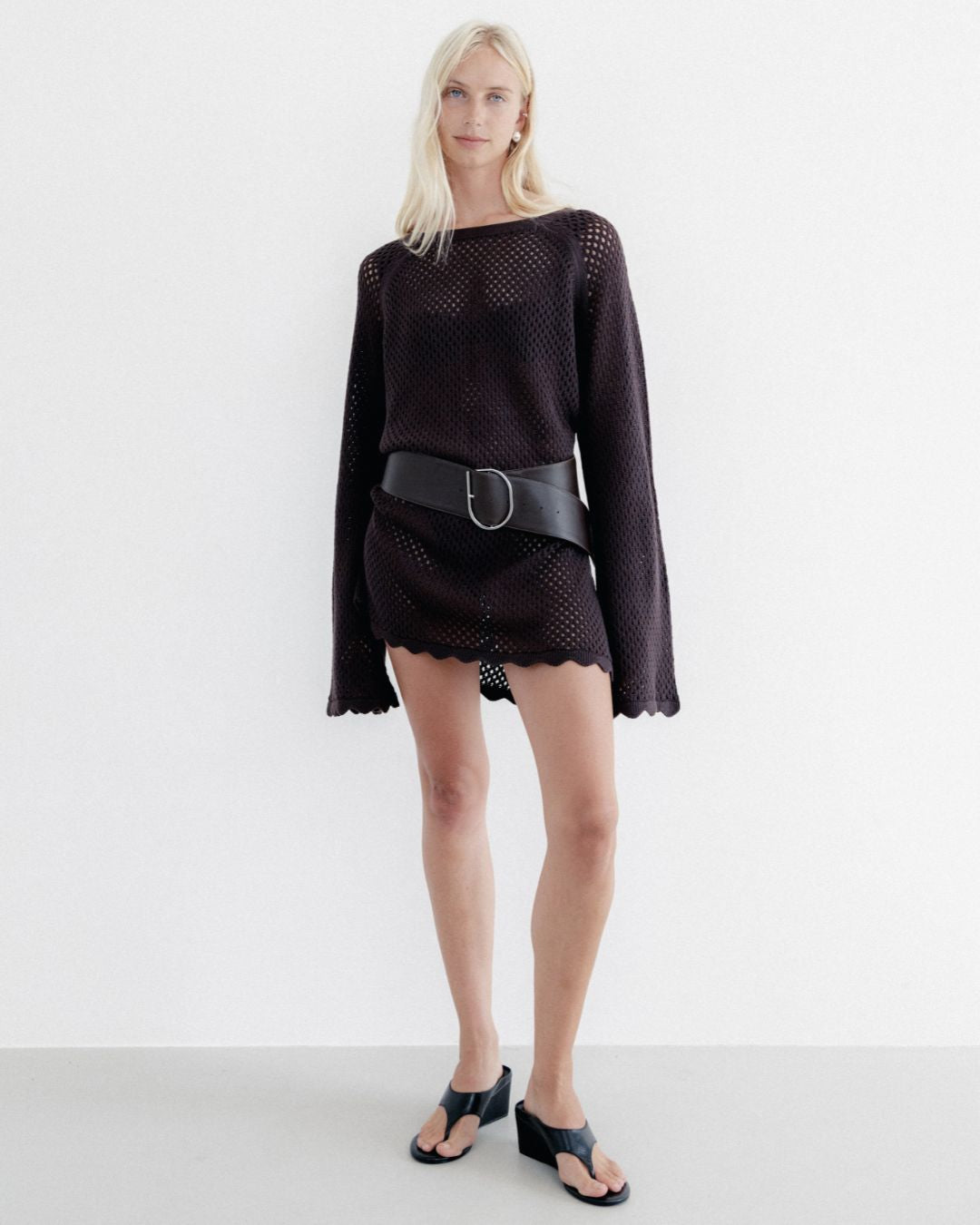 Crochet Knit Long Sleeve Mini Dress Chocolate