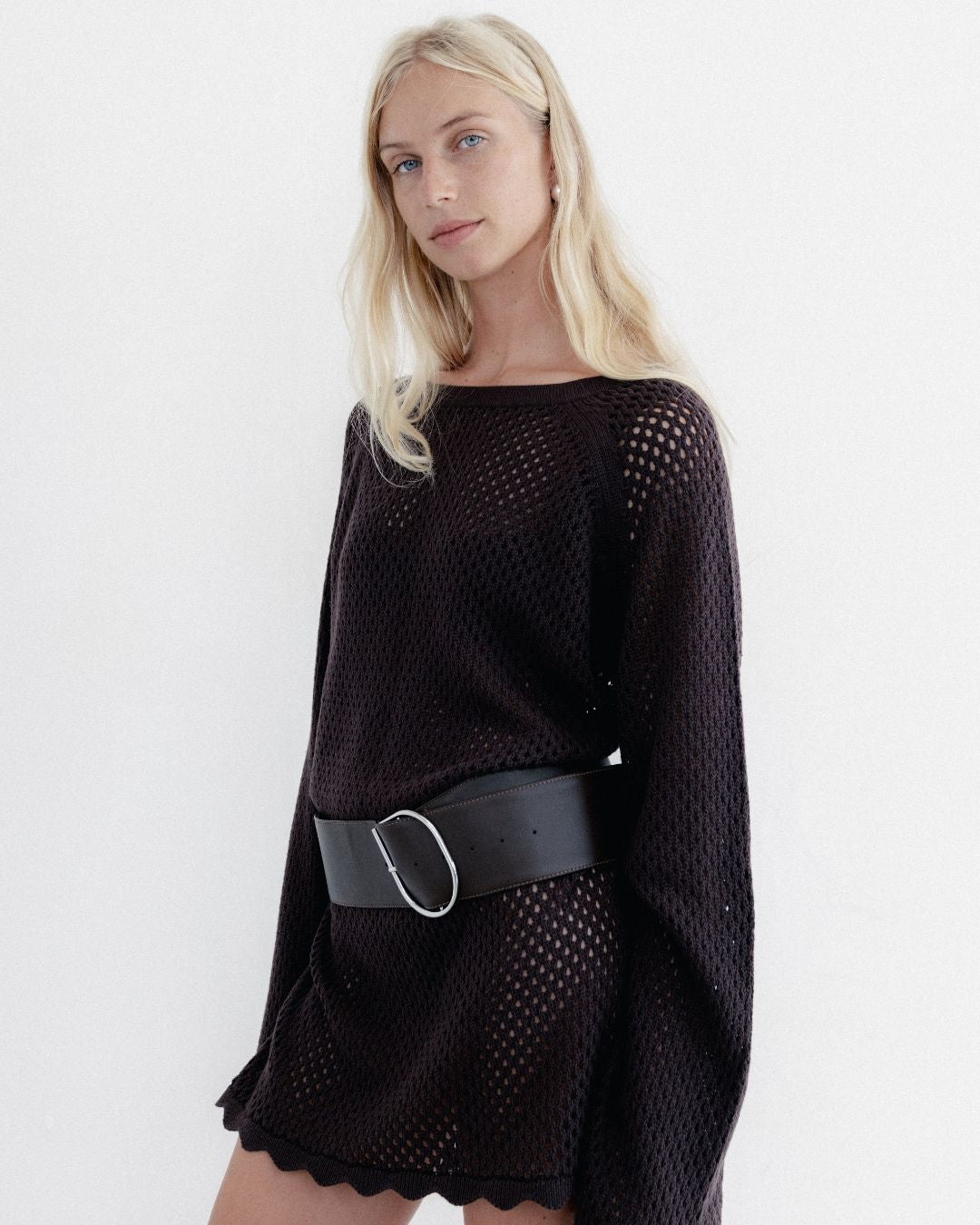 Crochet Knit Long Sleeve Mini Dress Chocolate