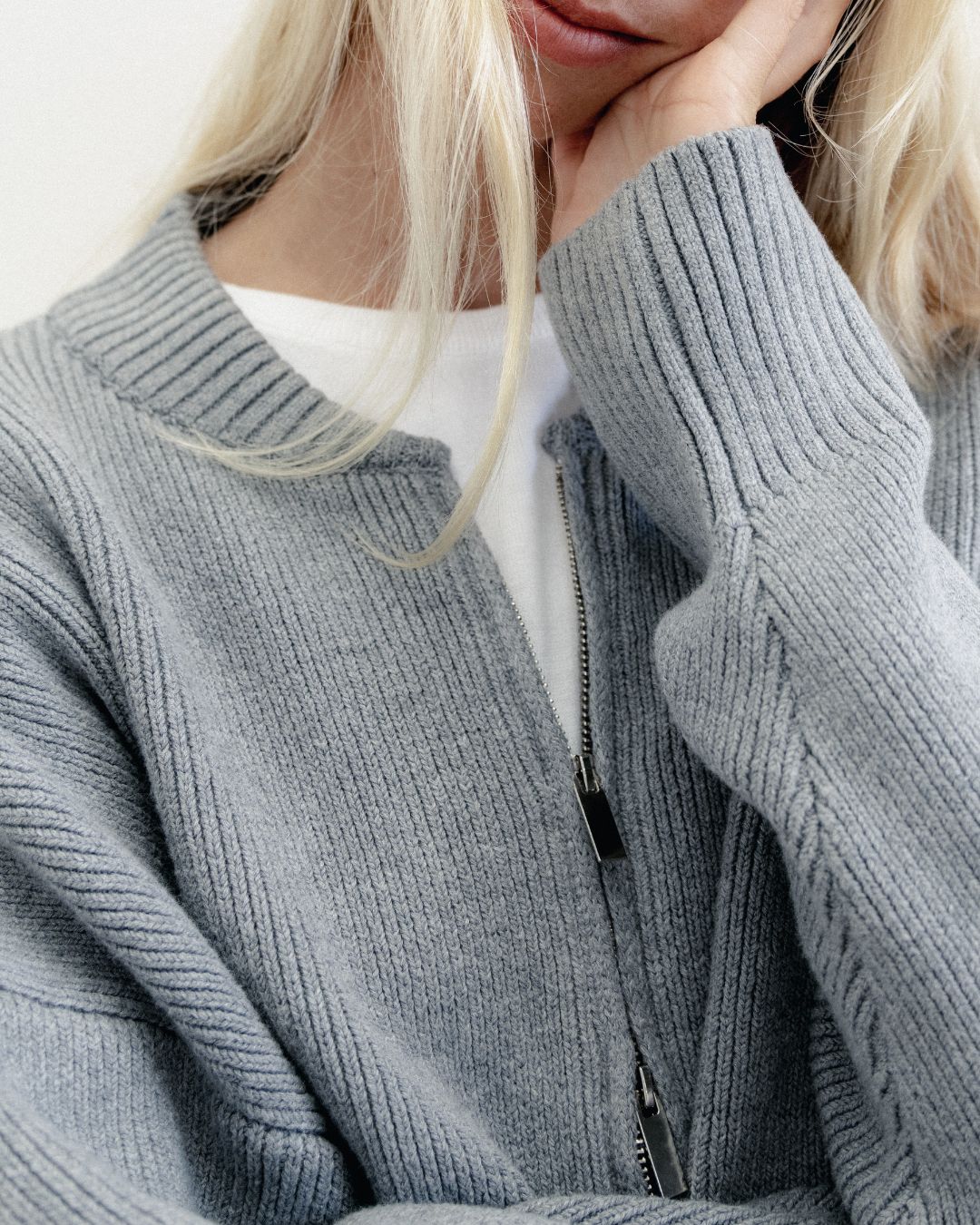 Knit Double Zip Cardigan Grey Marle