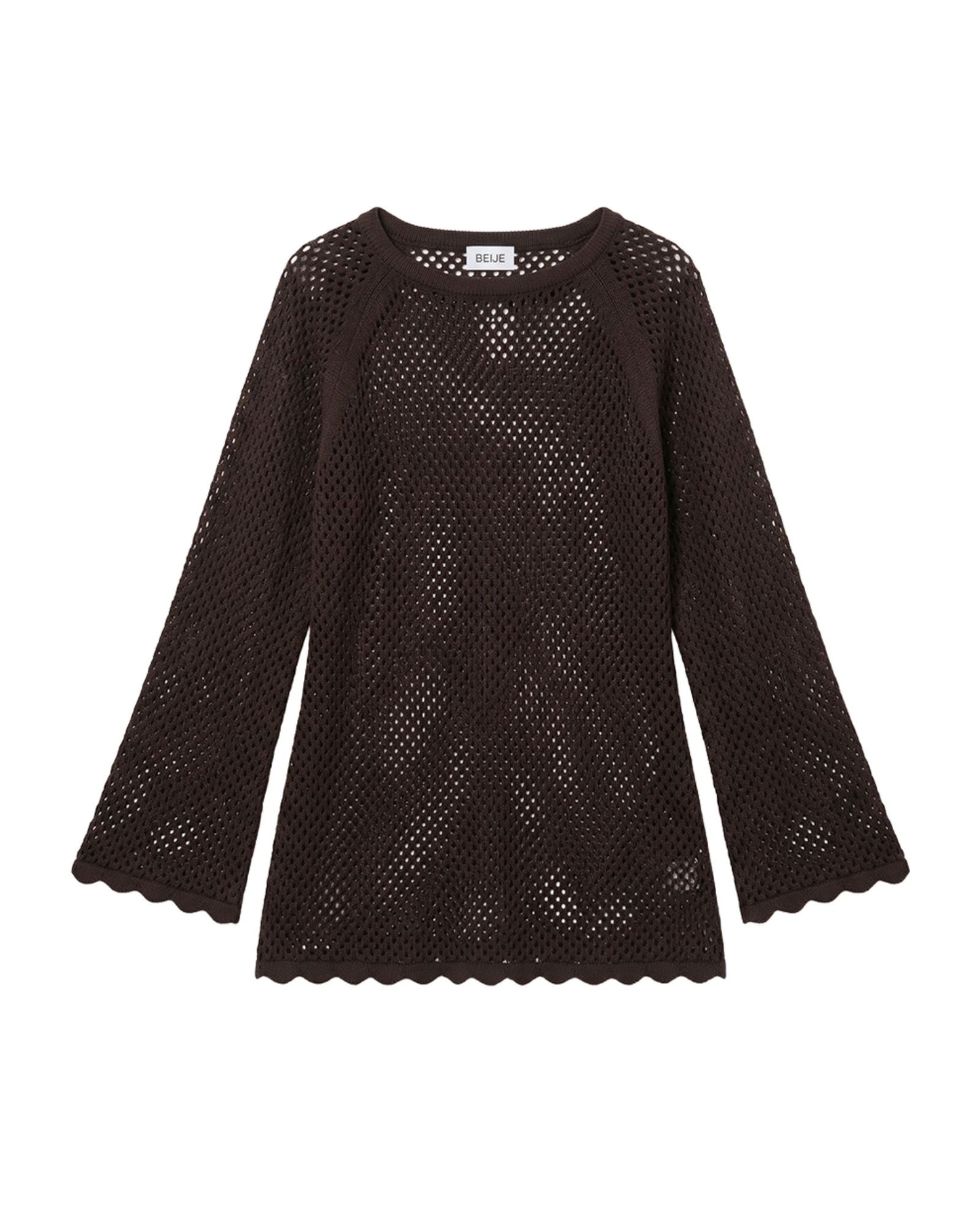 Crochet Knit Long Sleeve Mini Dress Chocolate