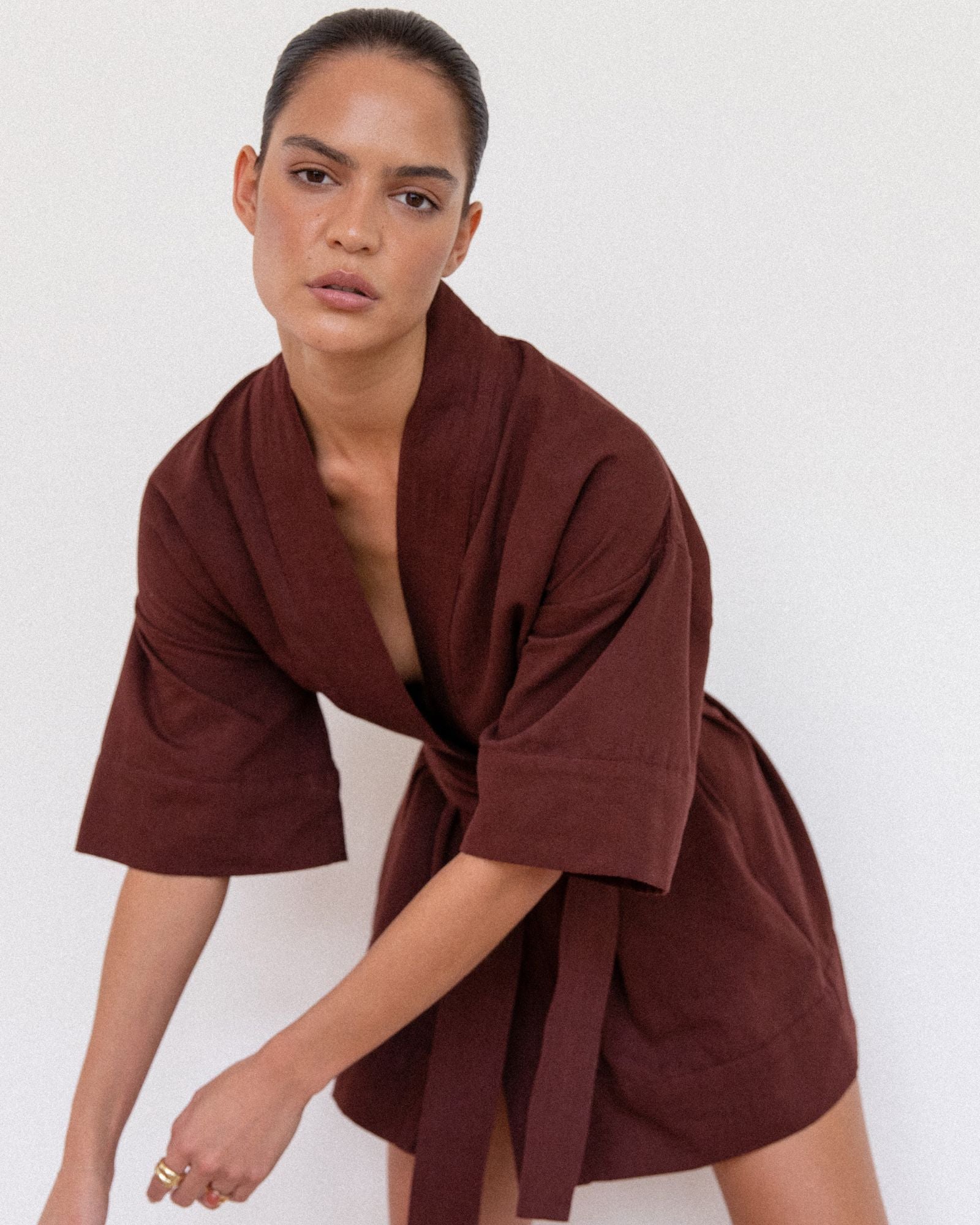 Kimono Robe Dress in Cotton Drill Burgundy Brown Studio Beije Kimono Robe Dress in Cotton Drill Burgundy Brown Studio Beije