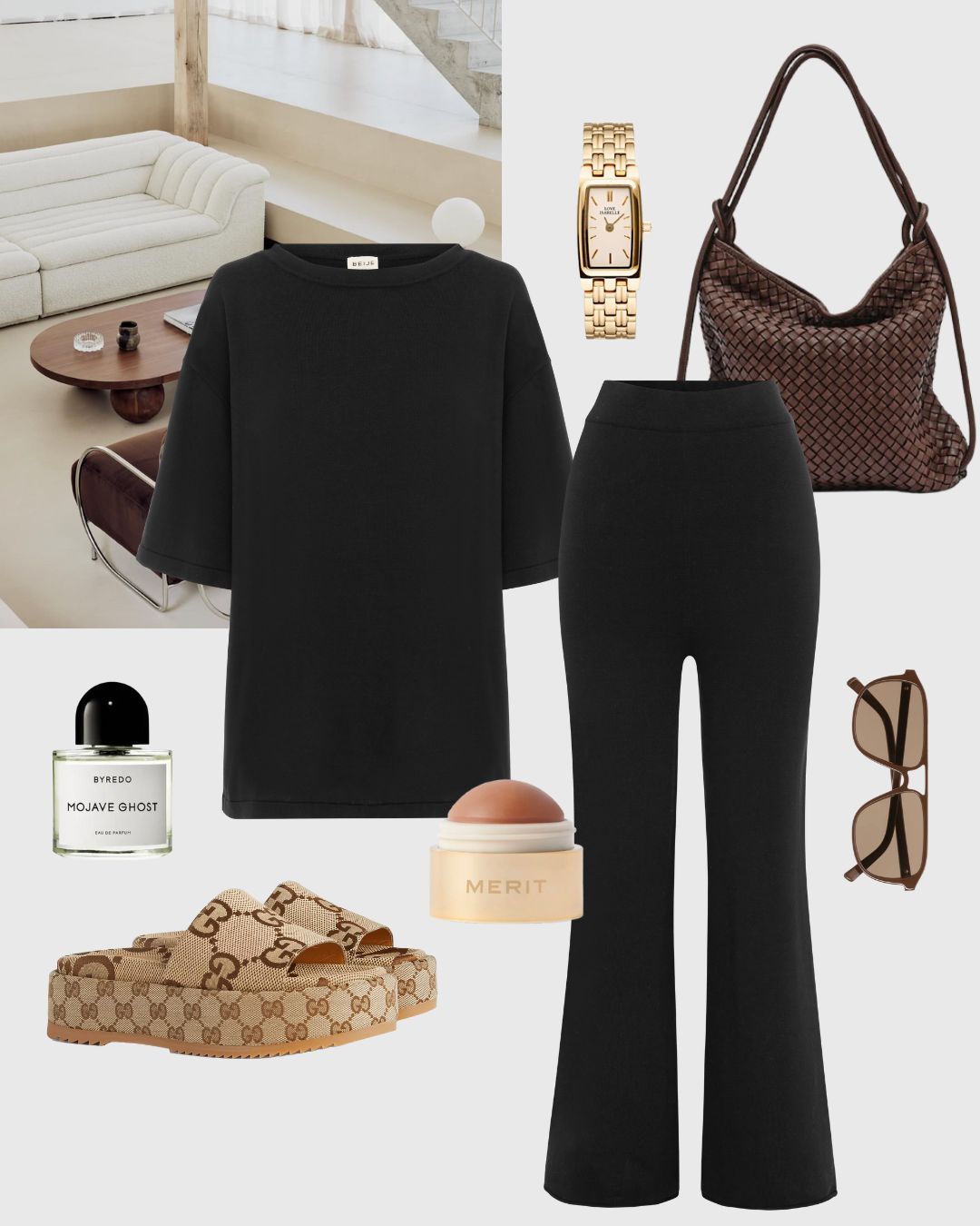 A curated outfit collage on a light gray background featuring a black short-sleeve top and black wide-leg pants, alongside a brown patterned shoulder bag, gold-tone watch, sunglasses, Gucci slip-on loafers, a perfume bottle, and a cream makeup jar. A small interior room scene appears in the upper left corner as styling context.